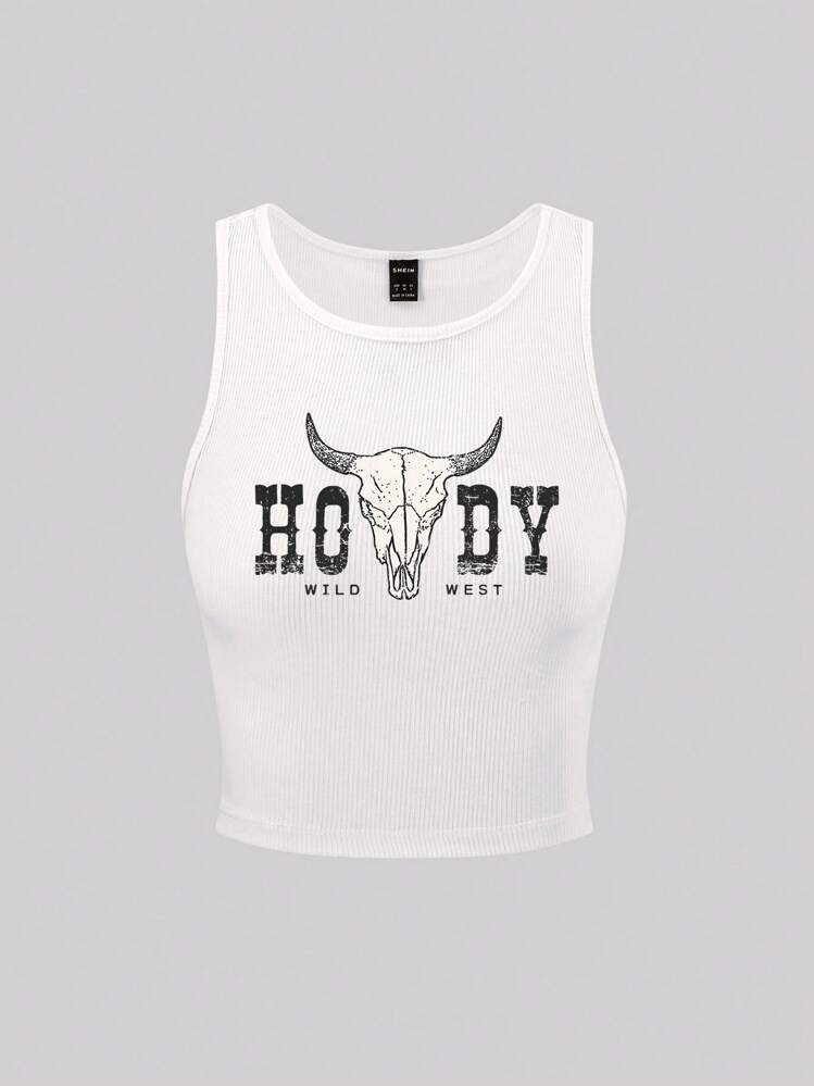 SHEIN MOOSTA Text Print Round Neck Tank Top For Summer WILD WEST | SHEIN
