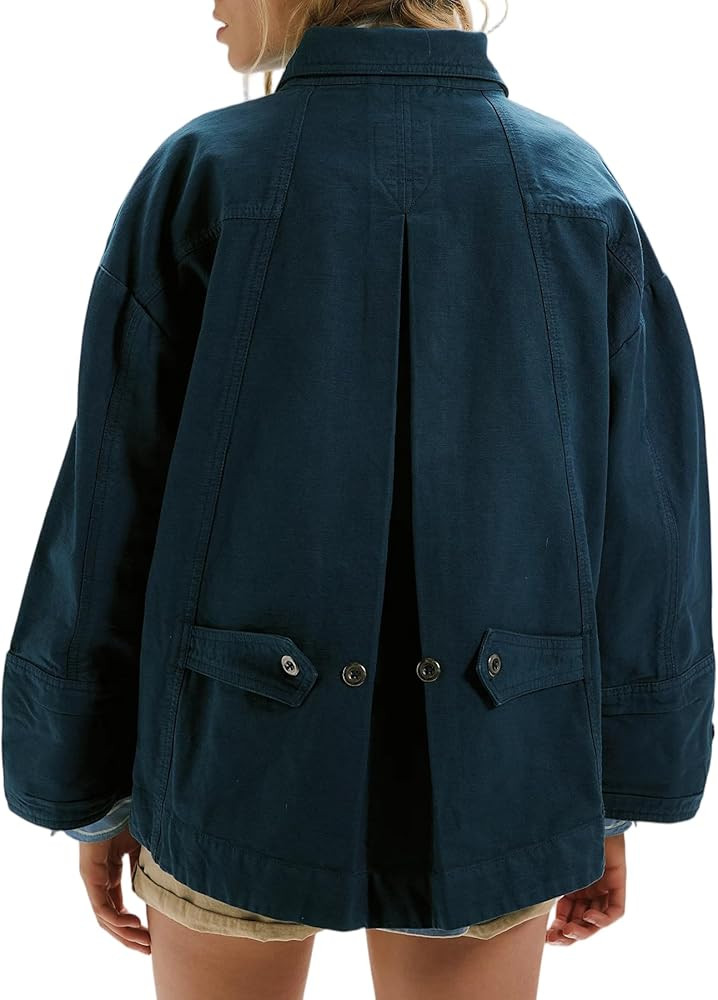 Ainangua Washed Canvas Bomber Jacket Women Oversized Funnel Neck Button Down Jackets Spring Stret... | Amazon (US)