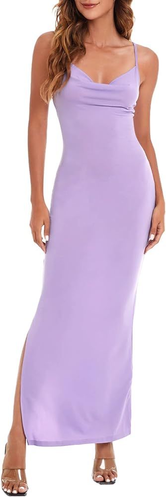 Verdusa Women's Cowl Neck Split Side Spaghetti Strap Long Cami Dress | Amazon (US)