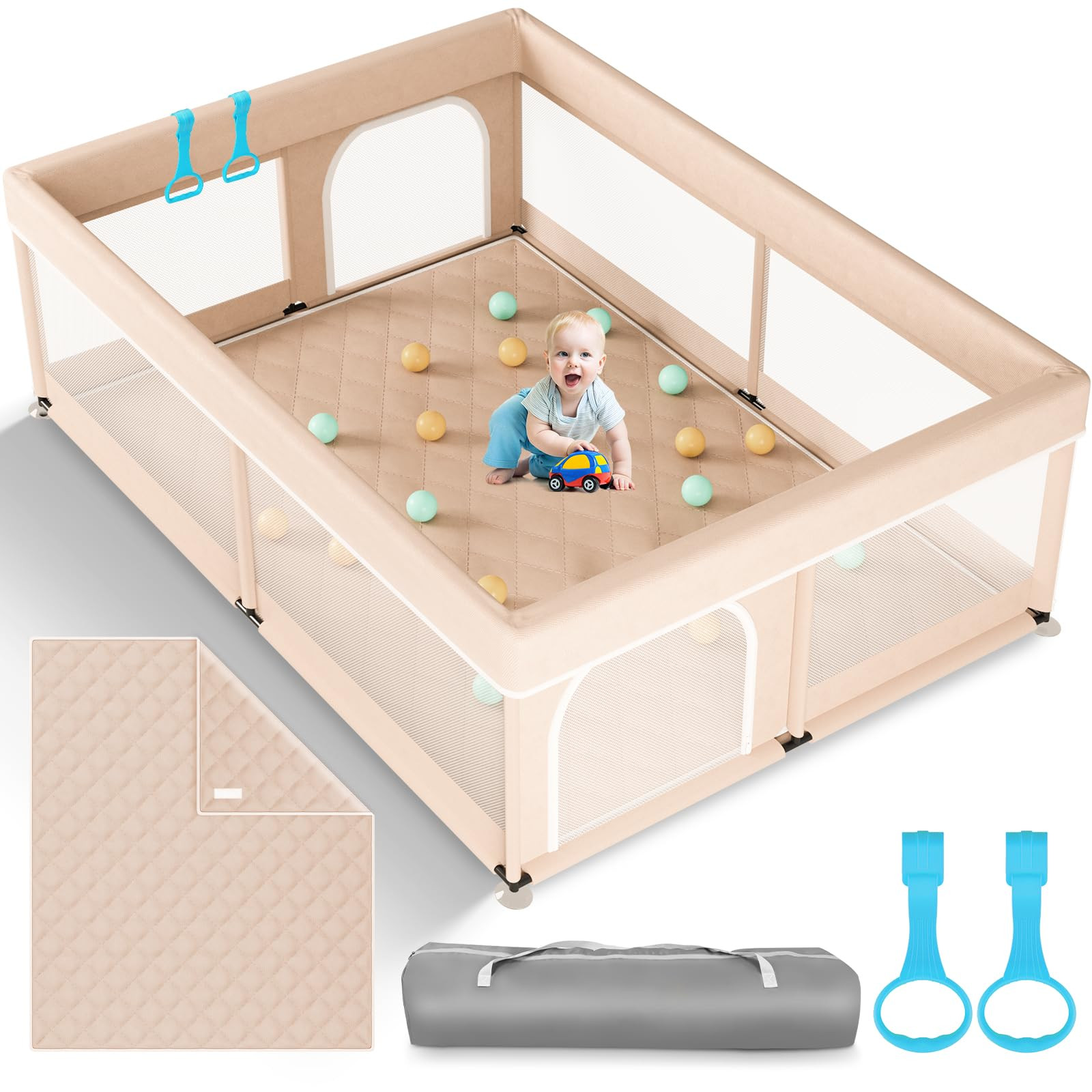 Baby Playpen with Mat 71"×59" - Extra Large Playpen for Babies and Toddlers with Mat Included, Safety Playard for Baby with Gate, All-Wrapped Soft Sponge Baby Gate Playpen with Stable Mat Velcro | Amazon (US)