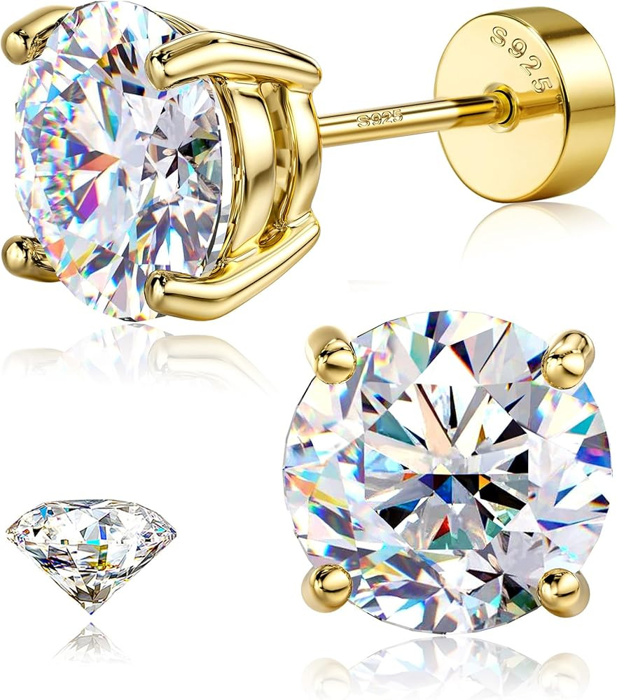 Moissanite Earrings Studs : D Color VVS1 Hypoallergenic 14K Gold Plated Flat Back 925 Sterling Si... | Amazon (US)