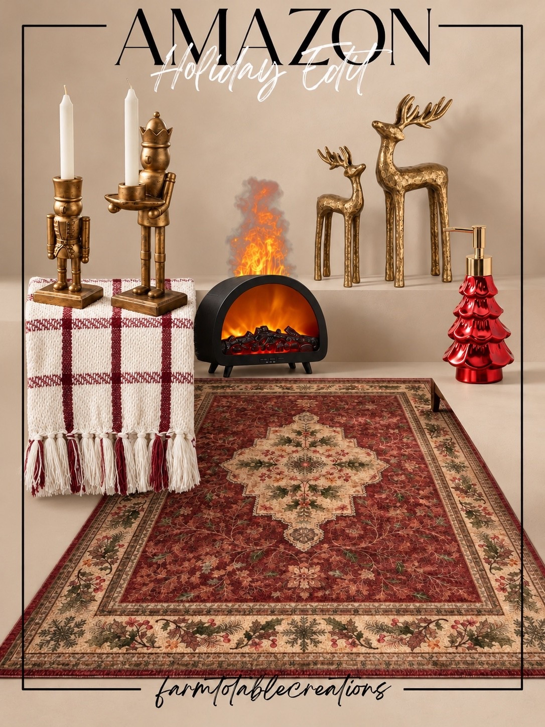Amazon Christmas Home Finds | Cozy & Classic Holiday Decor 🎄❤️

Create a warm and inviting holiday home with these beautiful Amazon Christmas decor finds! I’m loving the combination of vintage-inspired reds, antique gold accents, and timeless Christmas details. From the charming nutcracker candleholders and elegant gold reindeer to the cozy plaid throw and gorgeous traditional area rug, these pieces bring that nostalgic Christmas feeling we all love!

The festive tabletop fireplace adds an extra touch of warmth, while the adorable Christmas tree soap dispenser makes even the smallest spaces feel special. These finds are perfect for styling a cozy living room, decorating a mantel, or adding festive touches throughout your home. A beautiful mix of traditional Christmas charm and designer-inspired elegance! ✨

Follow @farmtotablecreations on Instagram for more cozy home finds and trending decor.

#LTKHome #LTKHoliday #AmazonChristmas #AmazonFinds #AmazonHome #ChristmasDecor #TraditionalChristmas #VintageChristmas #CozyChristmas #HolidayHomeDecor #ChristmasHomeInspo #ChristmasDecorating #NutcrackerDecor #HolidayRugs #ChristmasLivingRoom #DesignerInspired #CozyHome #HolidayFinds #AmazonMustHaves