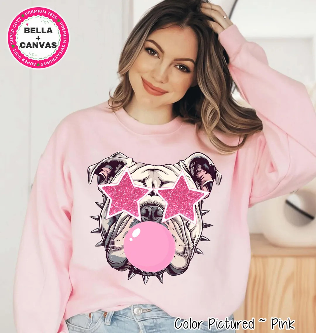 Preppy Bubble Blowing Pink Bulldog Mascot Team Sweatshirt, Cute Mascot Sweater, School Team Tee, ... | Etsy (US)