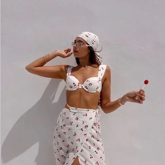 New WEWOREWHAT '90s Collection Claudia Cherry Print Bikini Set Cream Red Sz L | Poshmark