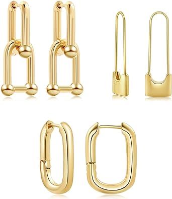 Sloong 3PCS 14k Gold Plated Ball U Shape Pin Y2K Style Chunky Earring Link Chain Chunky Circle Ho... | Amazon (US)