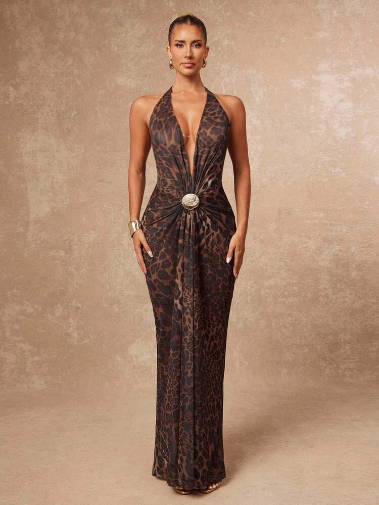 Lumalex Fall New Style WomenWinter Gathering Party Glamour Elegant Banquet Modest Old Money Coquette Glitter Holiday Party Glamour Elegant Rave Festival Outing Vacation Hot Outdoor Richly Layered Wedding Season Banquet Coming Of Age Ceremony V-Neck Sleeveless Cinched Waist Ruched Leopard Print Dress For Women Luxury Prom ID Al-Adha Al-Adha Party New Year | SHEIN