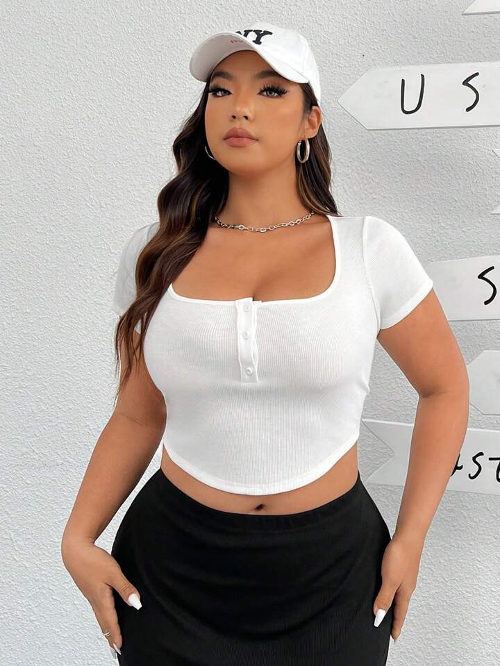 SHEIN EZwear Solid Color Knitted V-Neck Plus Size Women'S Short Sleeve T-Shirt | SHEIN