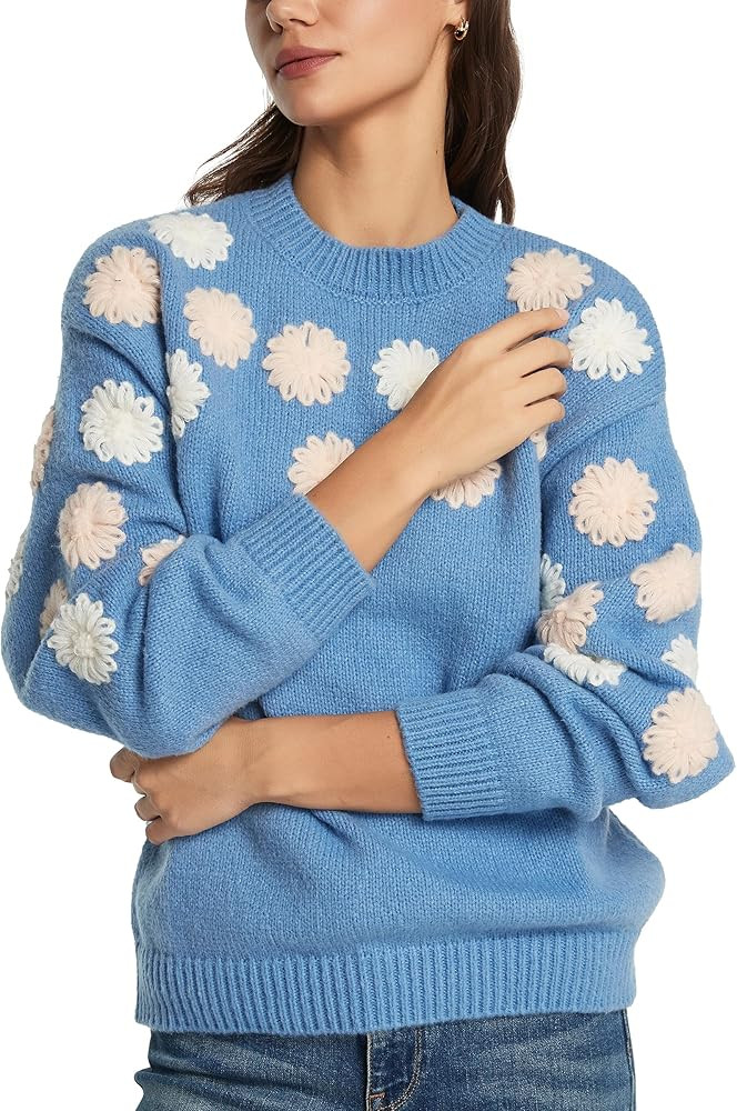 D-Sun Women Crew Neck Flower Sweater Fall Winter Floral Embroidered Long Sleeve Knit Ribbed Color... | Amazon (US)
