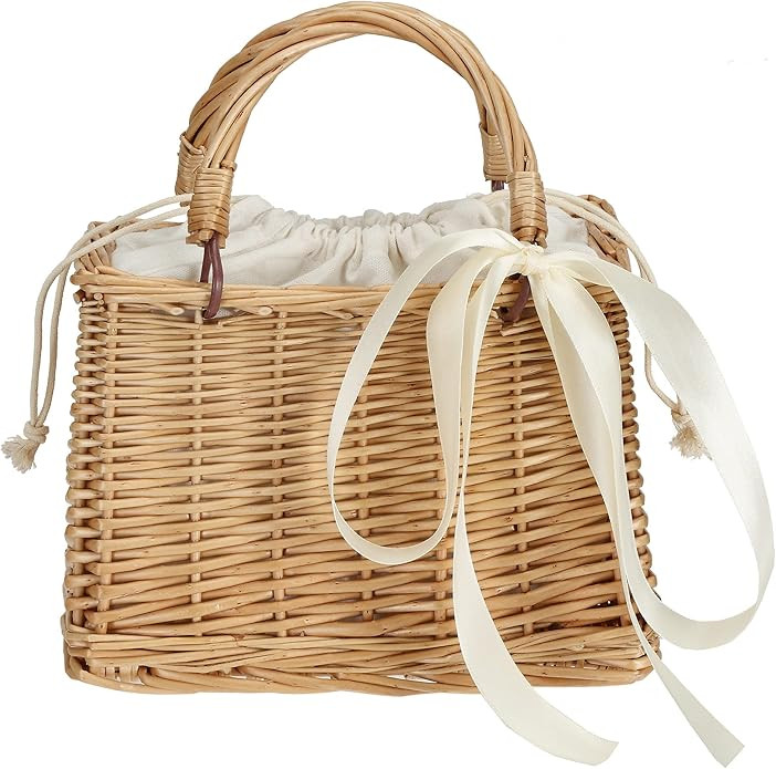 TaiGuri Women's Handmade Rattan Straw Ribbon Bow Woven Purse Handbag Tote Shoulder Bag | Amazon (US)