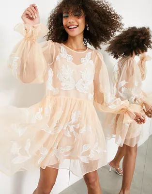 ASOS EDITION embroidered organza mini smock dress in pink | ASOS (Global)