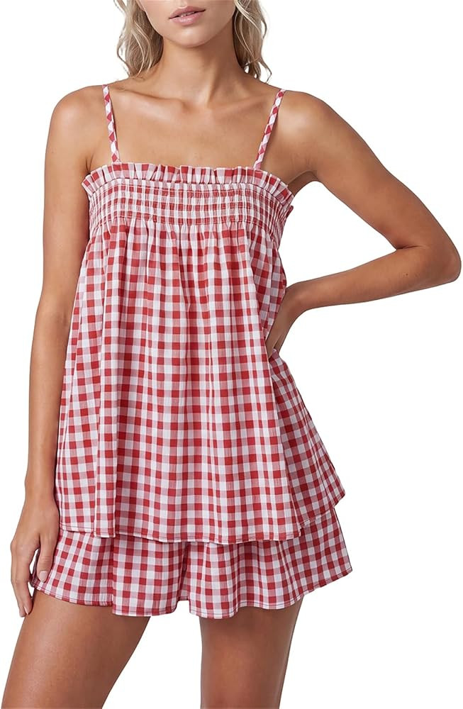 Women Gingham 2 Piece Pajama Sets Smocked Flowy Peplum Babydoll Cami Top Plaid Shorts Y2k Summer ... | Amazon (US)
