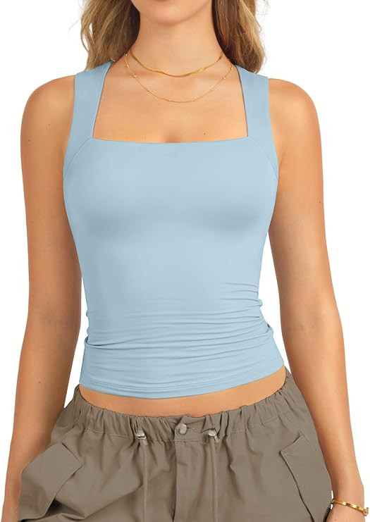 ATHMILE Tank Tops for Women Square Neck Sleeveless Double-Layer Tank Tops Basic Tight T Shirts | Amazon (US)