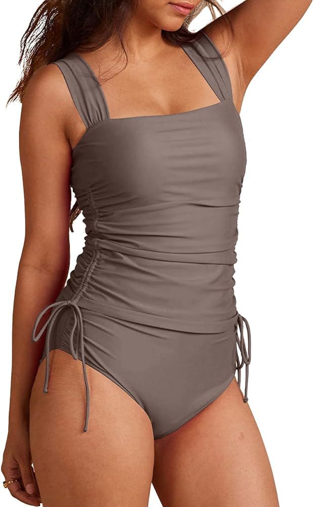 Aleumdr Womens Retro Ruched Two Piece Strappy Tummy Control Swimwear Tie Side Tankini Bathing Sui... | Amazon (US)