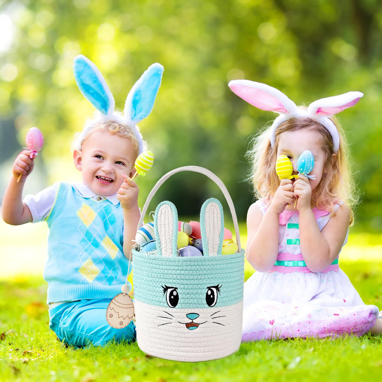Easter Basket Cute Bunny Baskets Personalized Rabbit Bucket with Folding Handle for Egg Hunting, ... | Amazon (US)