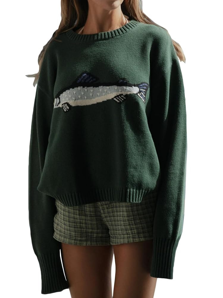 Women Knit Sweater Top Cute Graphic Oversized Knitwear Long Sleeve Pullover Top Loose Fit Fall St... | Amazon (US)