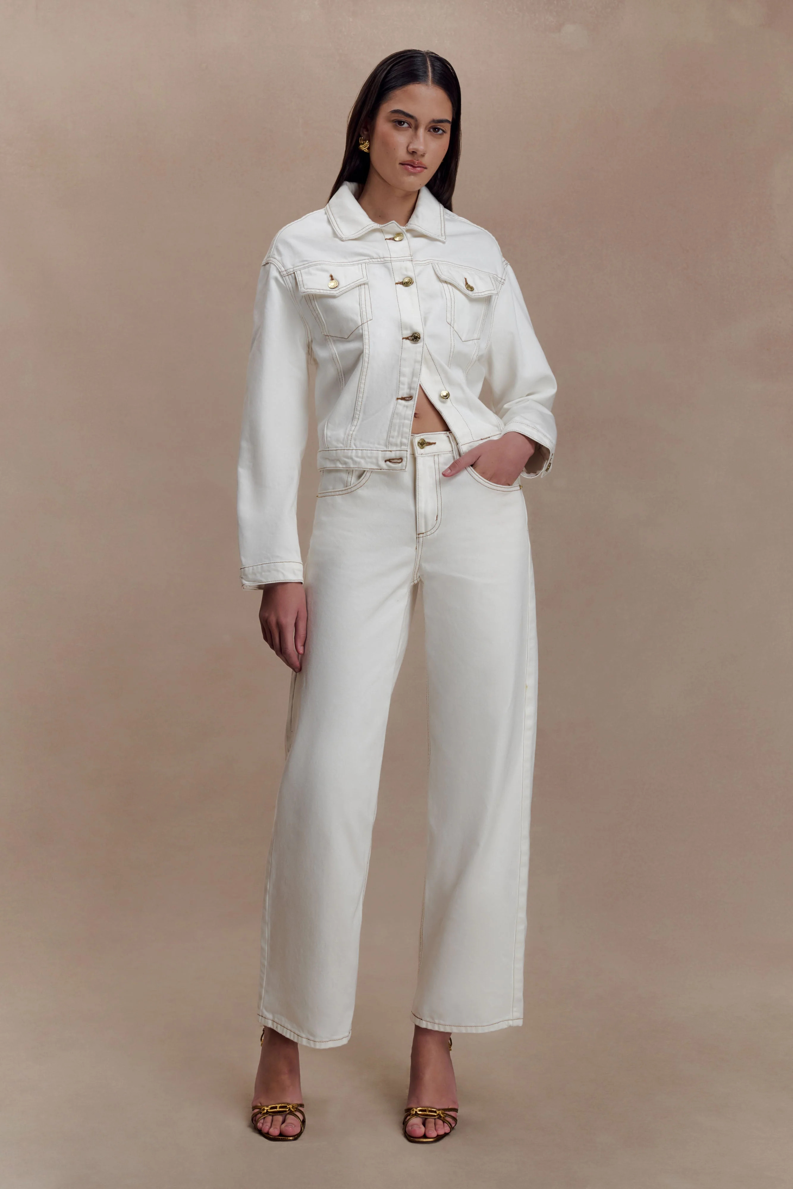 Kirra Cinched Denim Jacket - White | MESHKI US