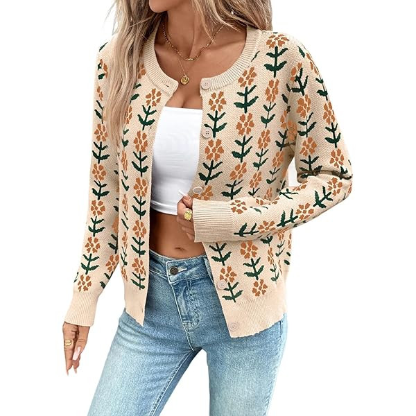 Saodimallsu Womens Floral Print V Neck Cardigan Open Front Button Down Knit Sweater Long Sleeve L... | Amazon (US)