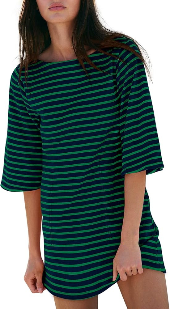 Yousify Women’s T Shirt Dress Cotton Summer Dresses 2025 Casual Loose Short Sleeve Striped Mini... | Amazon (US)