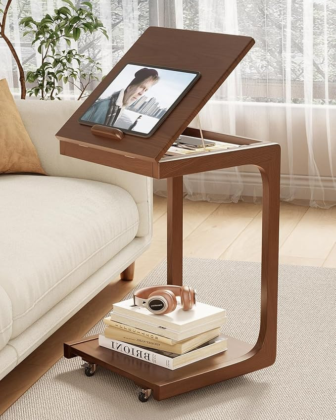 Amazon.com: AQIMUELE Wooden C-Shaped End Table,Couch Table with Adjustable Desktop,Small Rolling ... | Amazon (US)