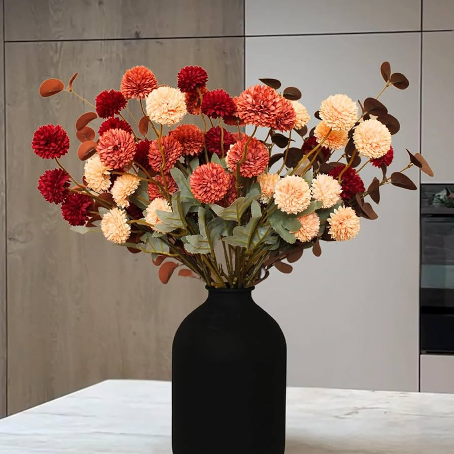 Fall Flowers, Burnt Orange Faux Kiku Flowers Artificial 10 Stems + Eucalyptus, Fake Silk Mums Fal... | Amazon (US)