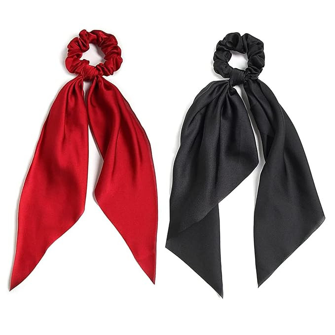 2 PCS Hair Scrunchies Scarf Red Black Hair Ribbon Satin Silk Elastic Hair Tie Bow Bands Ponytail ... | Amazon (US)