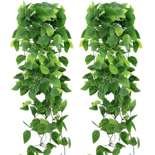 HOREAKHJ 2-Pack Fake Hanging Plants, Faux Hanging Plant Artificial Greenery for Living Room Bedroom Boho Wall Shelf Indoor Outdoor Decor (Green Pothos Ivy Vines) | Amazon (US)