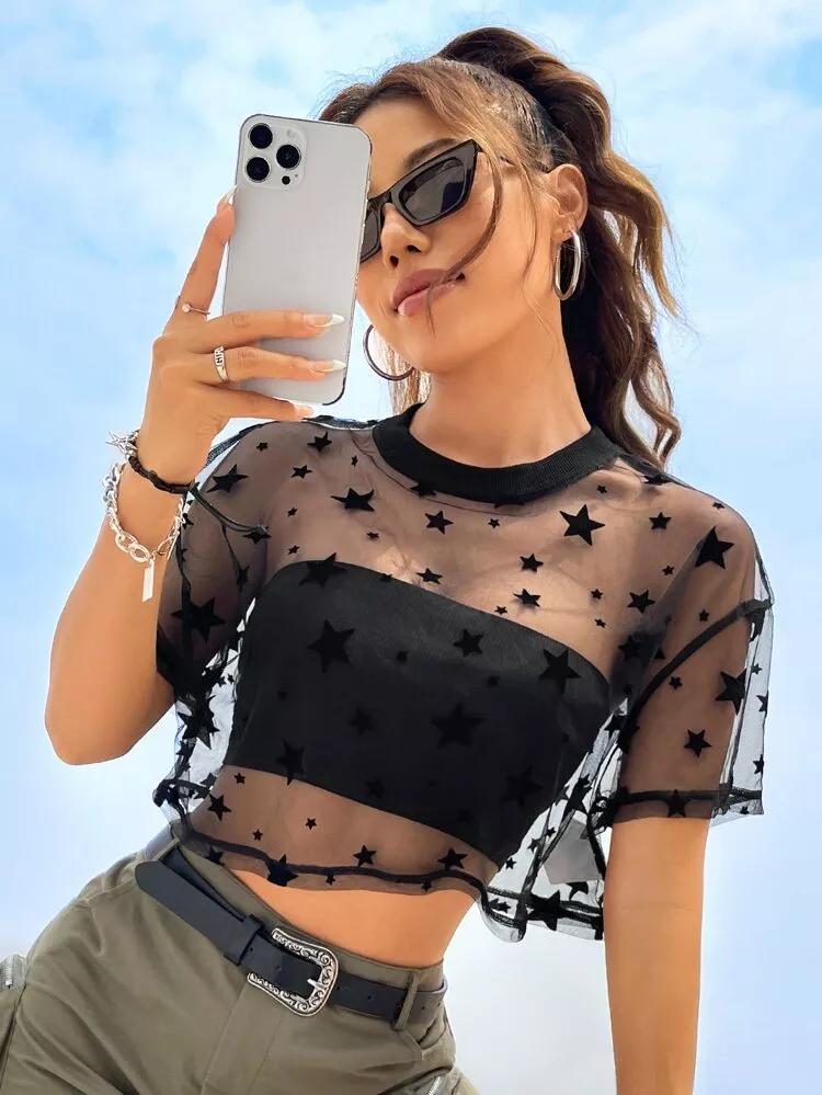 SHEIN EZwear Star Print Mesh Sheer Top Without Bra