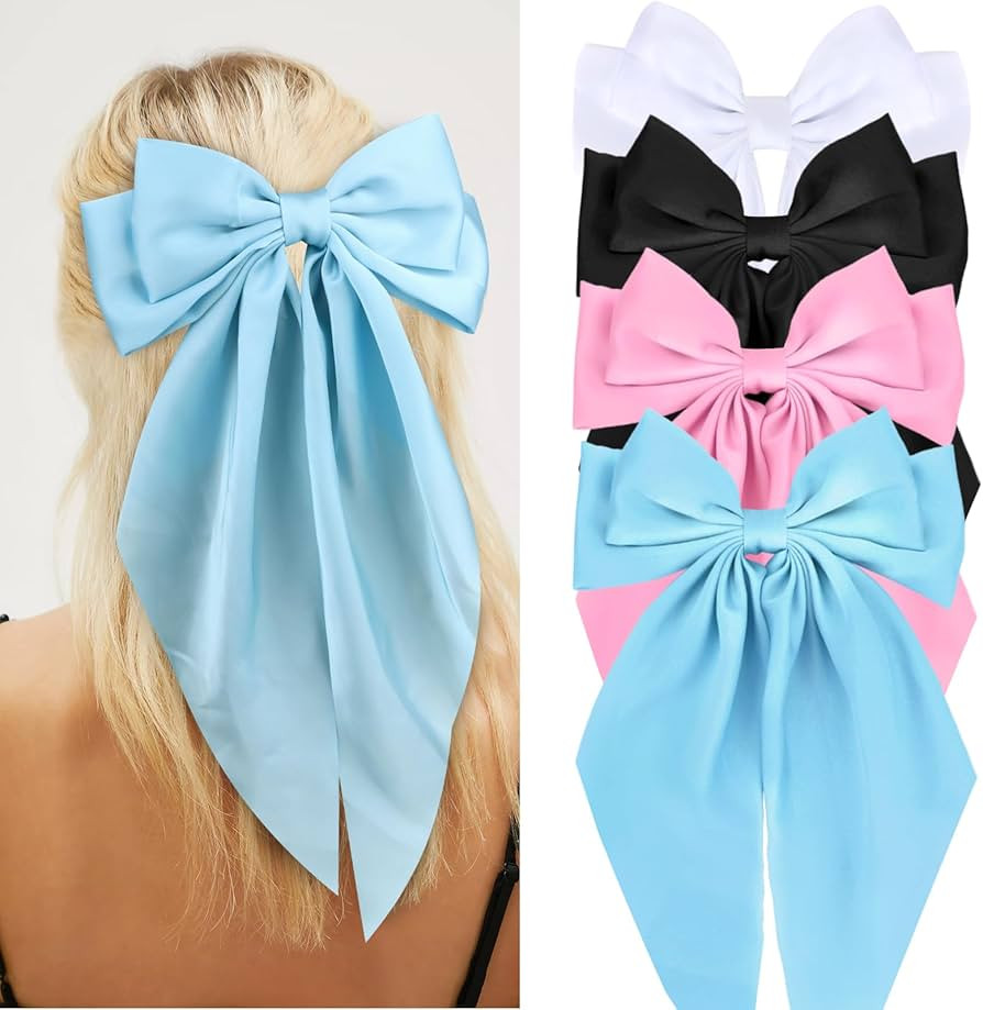 Wecoe 4pcs Hair Barrettes: Big Satin Bows in White, Black, Pink, Light Blue - Cute Large Clips wi... | Amazon (US)