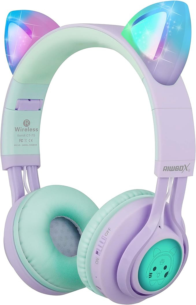 Riwbox Kids Wireless Headphones, CT-7S Cat Ear Bluetooth, 85dB Volume Limiting, LED Light Up Over... | Amazon (US)