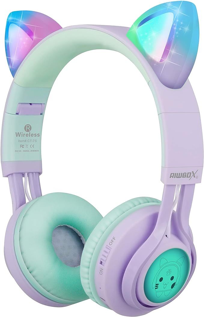 Riwbox Kids Wireless Headphones, CT-7S Cat Ear Bluetooth, 85dB Volume Limiting, LED Light Up Over... | Amazon (US)