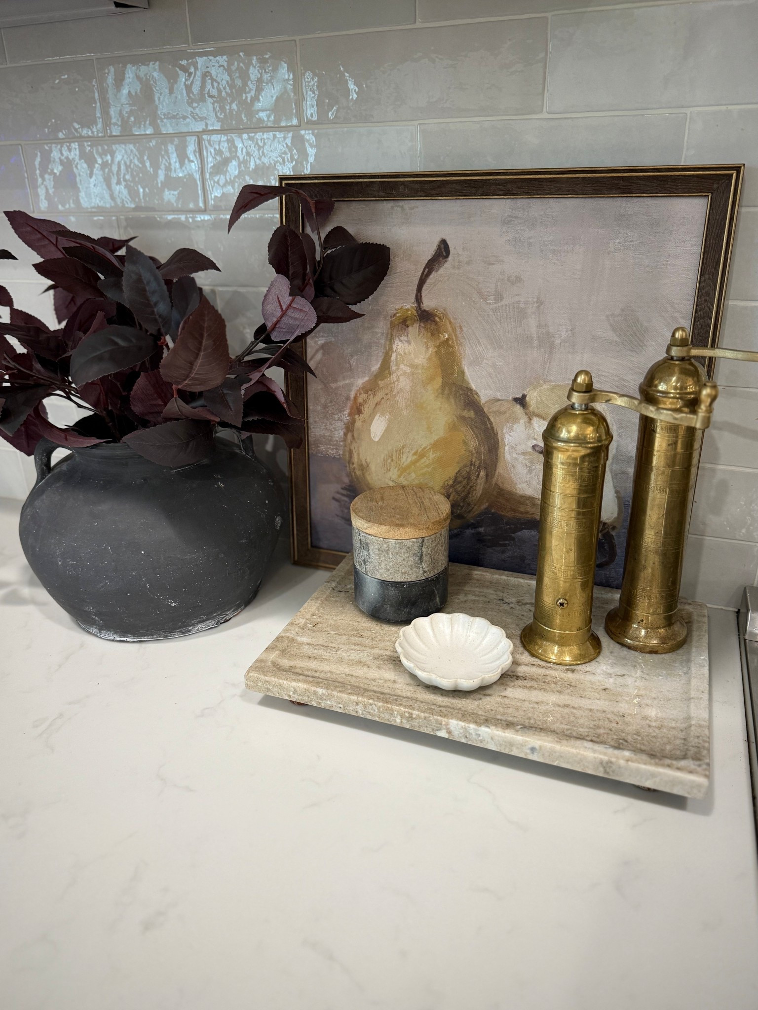 Target hearth & hand sale
Pear fruit artwork
Fall purple stems
Black hobby lobby vase
Brass salt mill
Golf pepper grinder
Scalloped trinket dish
Marble tray
Kitchen Vignette decor 

#LTKSaleAlert #LTKSeasonal #LTKFallSale