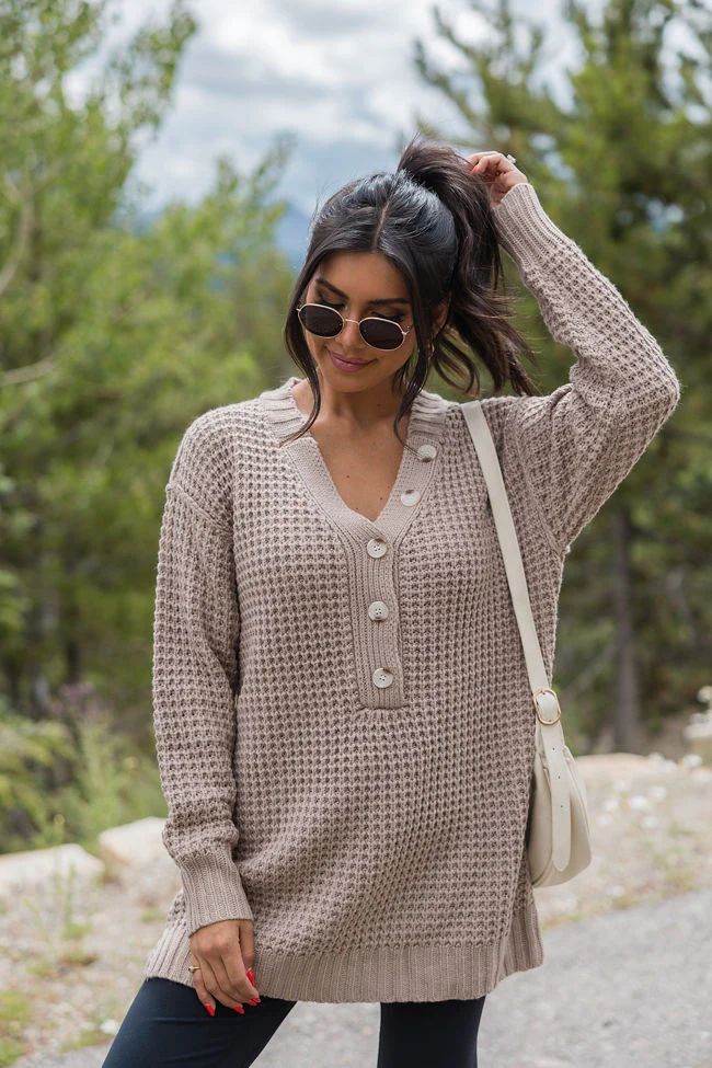 Just Keep Going Mocha Henley Waffle Sweater | Pink Lily