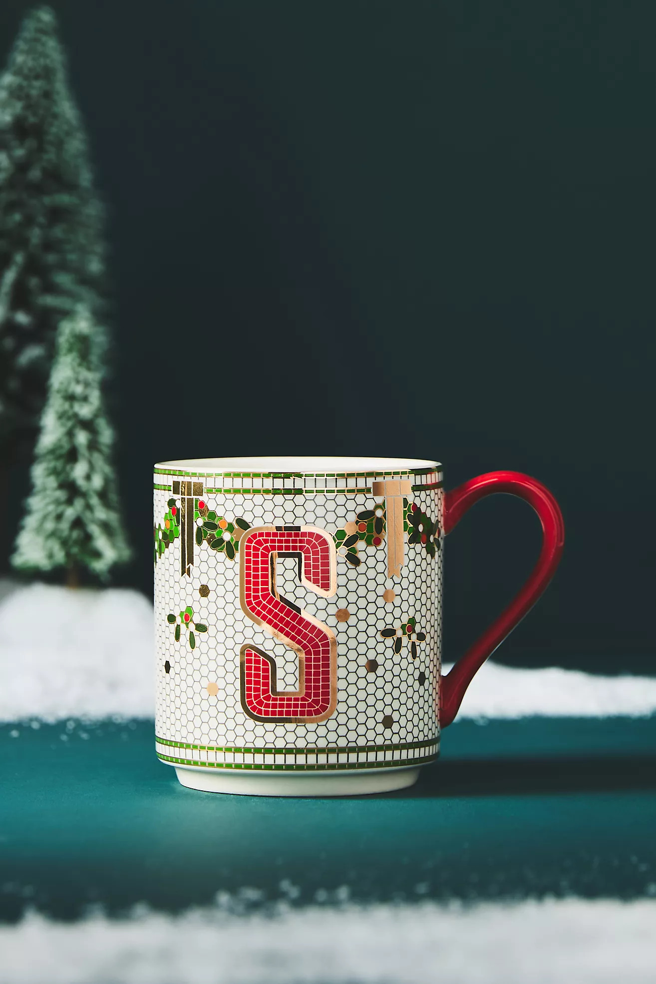Bistro Festive Tile Stoneware Monogram Mug | Anthropologie (US)