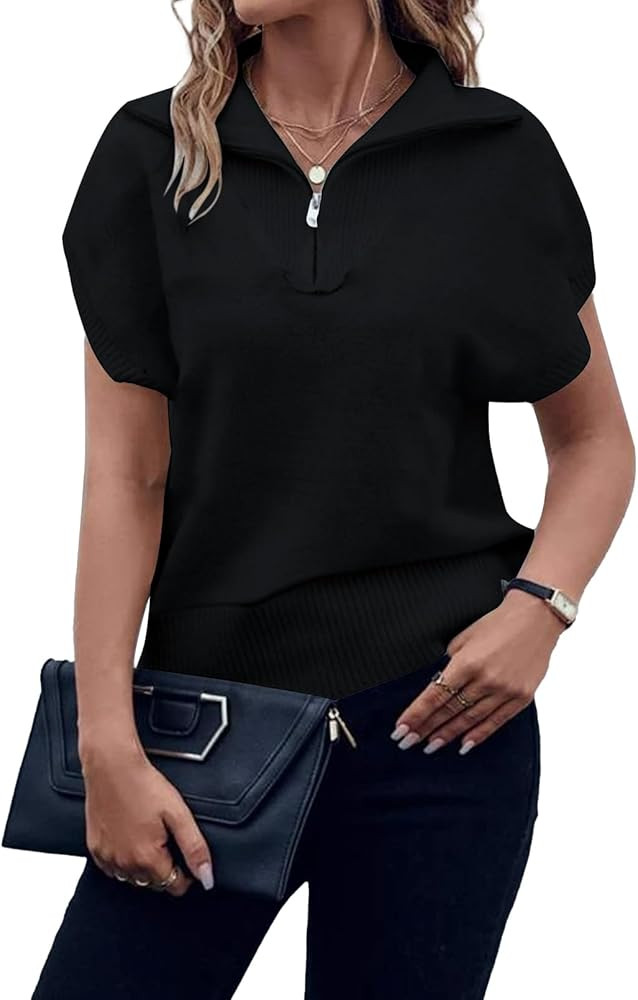 Viottiset Women's Sweater Shirts Sleeveless Pullover Knit Sweaters Tops Striped Zipped Shirt | Amazon (US)