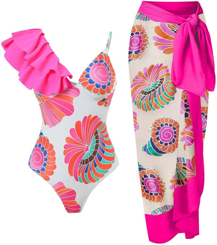 Women's One Piece Swimsuit with Cover Up Sarong Vintage Floral Print Bikini Set Push Up Tummy Con... | Amazon (US)