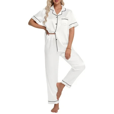 DAKIMOE Silk Satin Pajamas Set for Women Two-Piece Short Sleeve Shirt with Long Pajama Pant Set Soft Button Down Loungewear Nightwear Pjs Sleepwear for Women | Walmart (US)