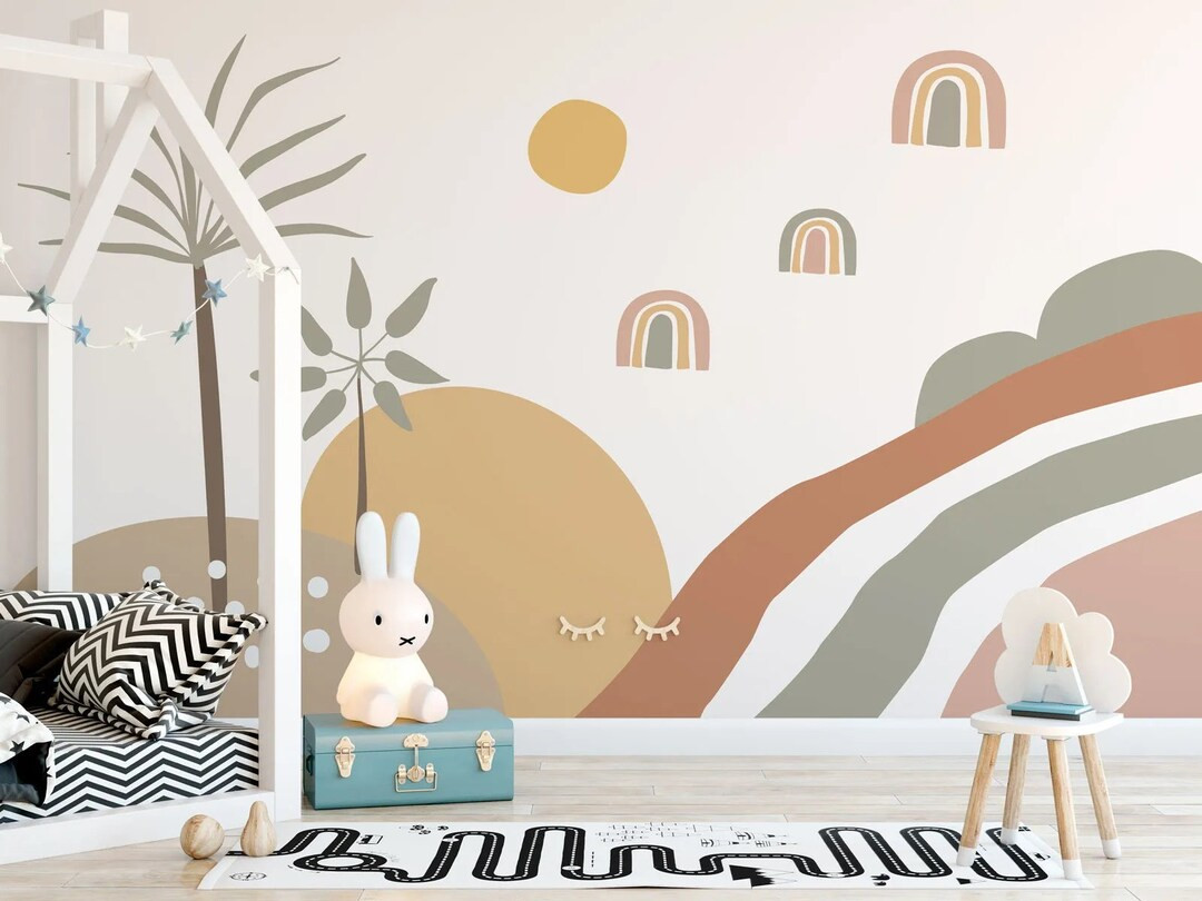 Boho Minimal Rainbows Sun and Trees Wallpaper Kids Room Nursery Wallpaper Self Adhesive Peel and ... | Etsy (US)