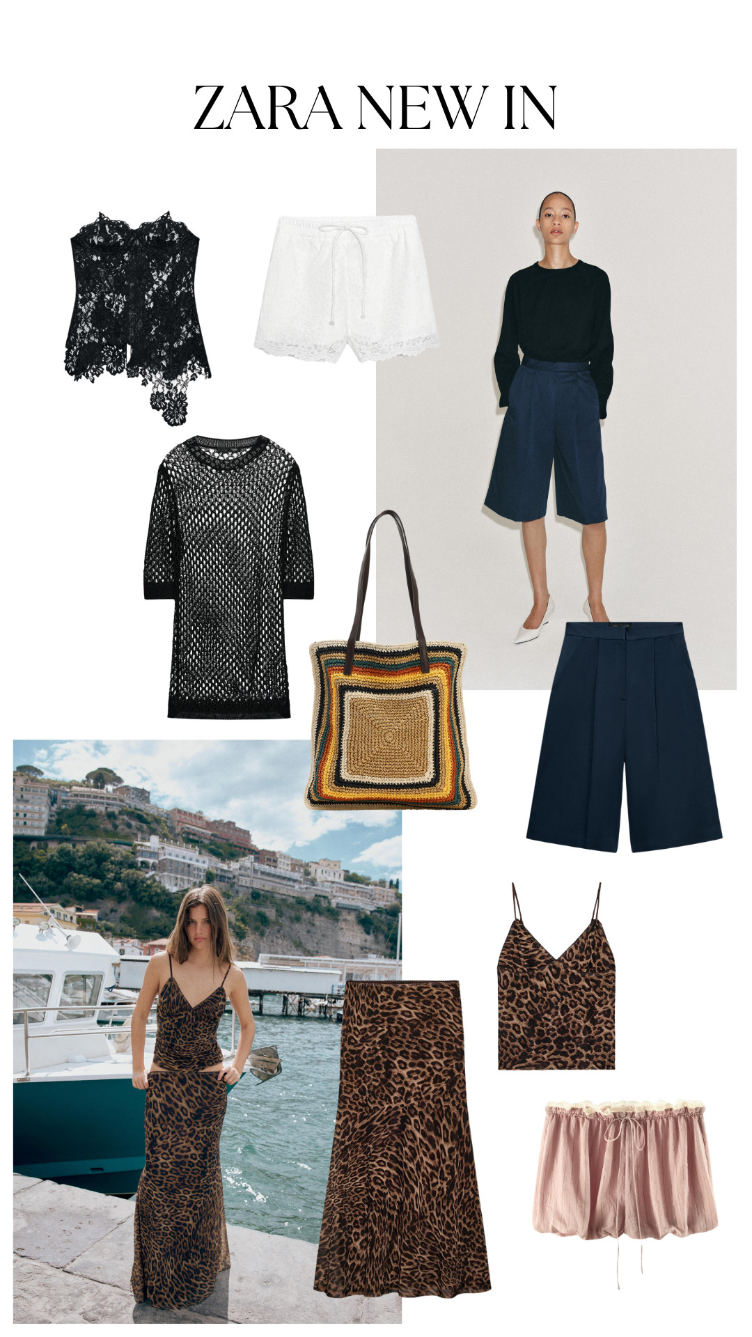 black lace top, white lace shorts, black crochet dress, striped crochet tote bag, navy culottes, black knit top, pointed white heels, leopard print cami, leopard print maxi skirt, blush pink bloomers, sheer knit, lace details, crochet texture, animal print, resortwear, summer fashion, coastal chic, new in 

 #LTKspring #LTKsummer #LTKtravel