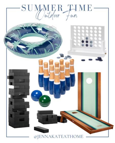Summer is almost here grab these fun outdoor activities and games for family, fun, including retro palm tree pool float, aesthetically pleasing connect four, outdoor bowling, cornhole boards, large black Jenga game

#LTKHome #LTKSeasonal #LTKFamily