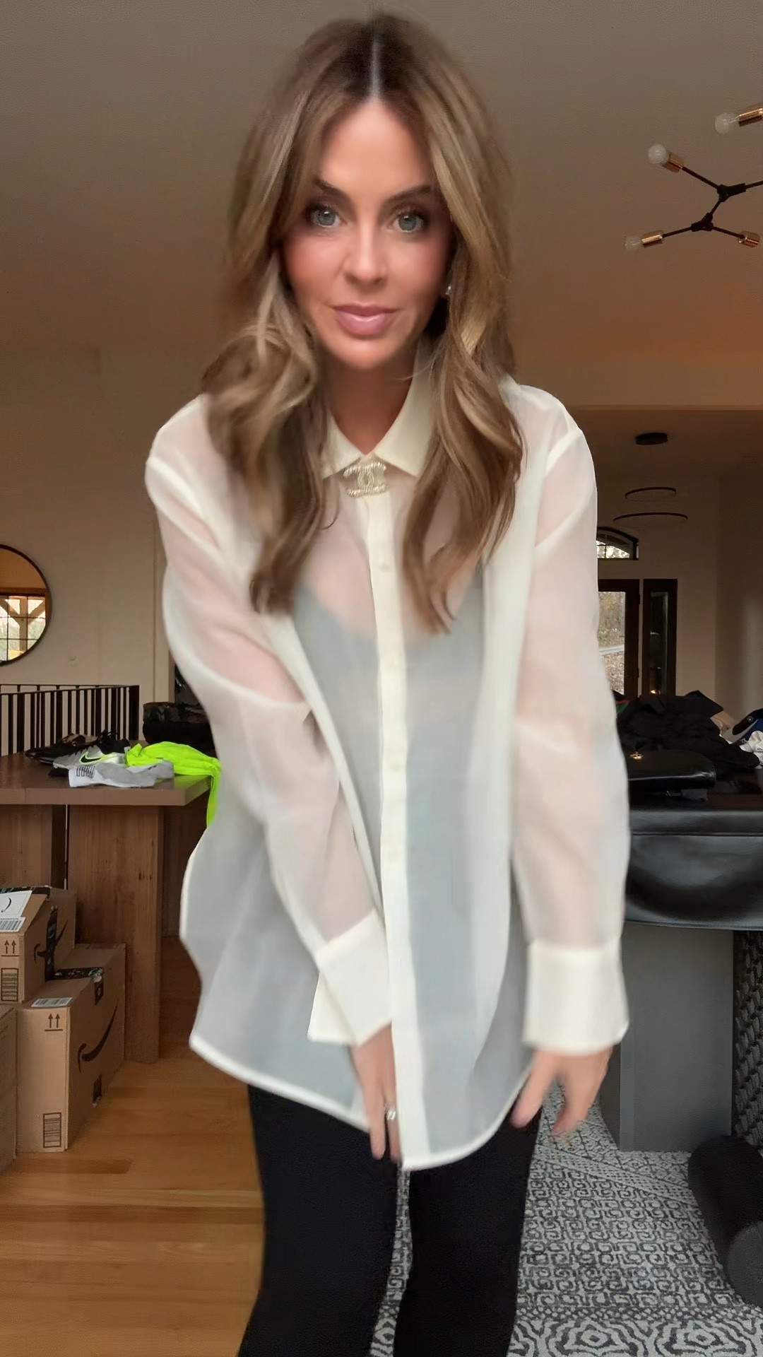 Old navy organza shirt spanx stirrup leggings 

#LTKWorkwear #LTKHoliday #LTKBeauty