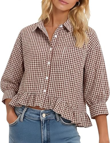 LOMON Womens 3/4 Sleeve Button Down Tops Dressy Casual Collared Shirts Blouses Ruffle Babydoll To... | Amazon (US)