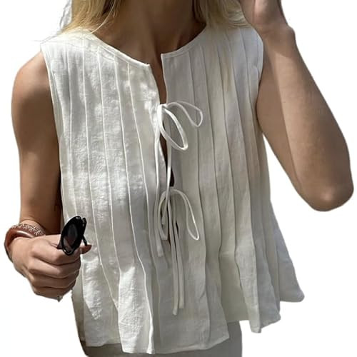 Women Summer Linen Tank Tops Coquette Bow Tie Front Top Shirt Vest Babydoll Ruffle Tops Cute Shir... | Amazon (US)