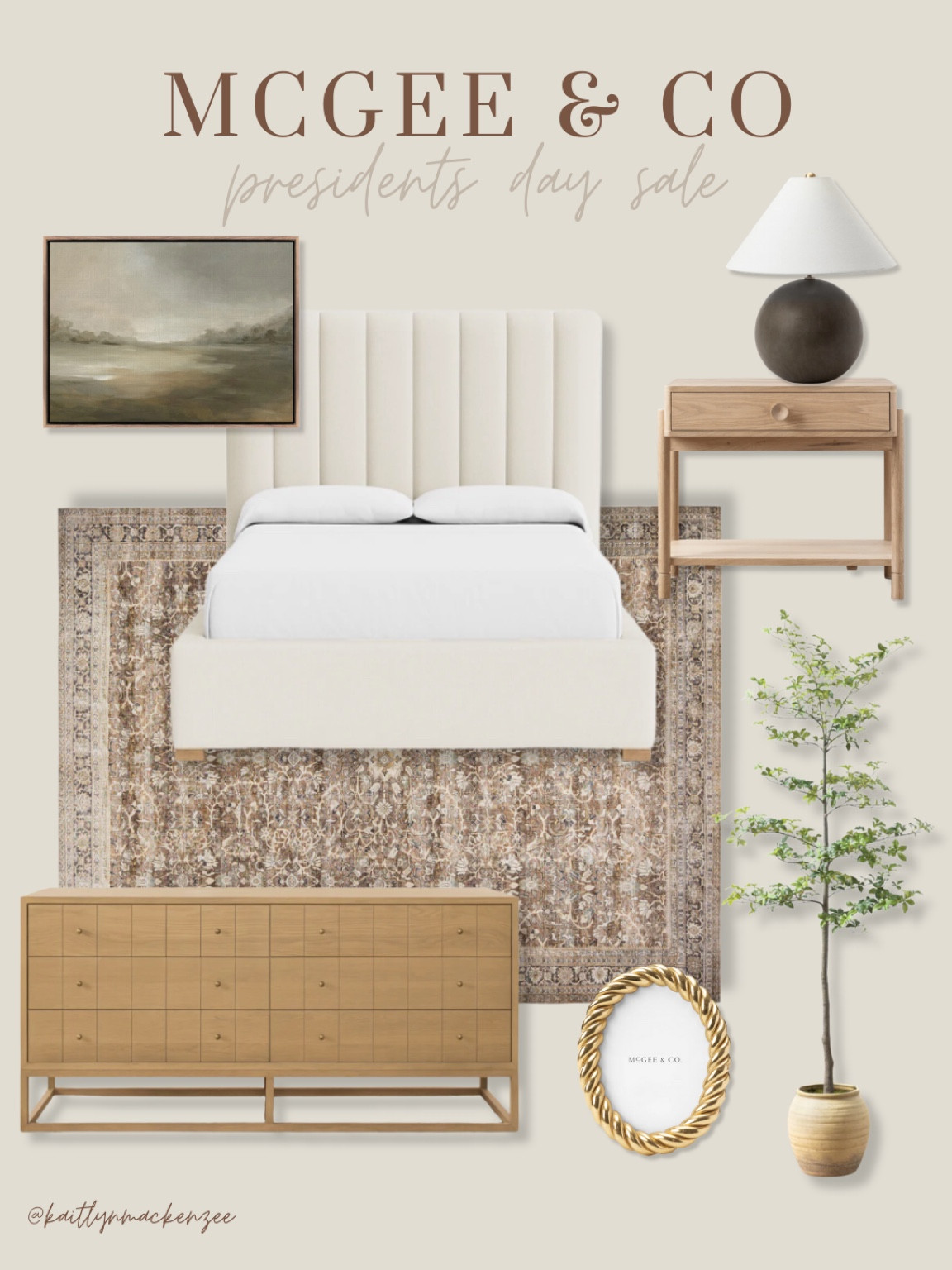McGee and Co Presidents’ Day sale. Linen, upholstery bed, bedroom, rug, living room, rug, wood, dresser, accent tree, wall, art, wood, nightstand, bedroom, furniture, home decor, neutral home.