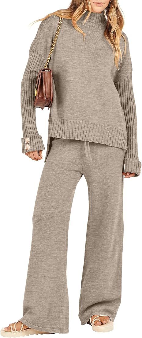 Women's Two Piece Outfits Sweater Sets Long Sleeve Knit Pullover and Wide Leg Pants Lounge Sets | Amazon (US)
