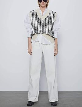 Locachy Women's Houndstooth Pattern Preppy Style V-Neck Sleeveless Knit Pullover Sweater Vest | Amazon (US)