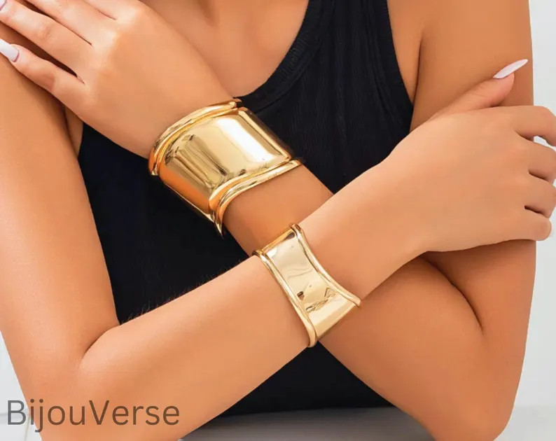 Gold breite große Manschette Armband, Silber Armreife, moderne niedliche minimalistische Mansche... | Etsy (US)