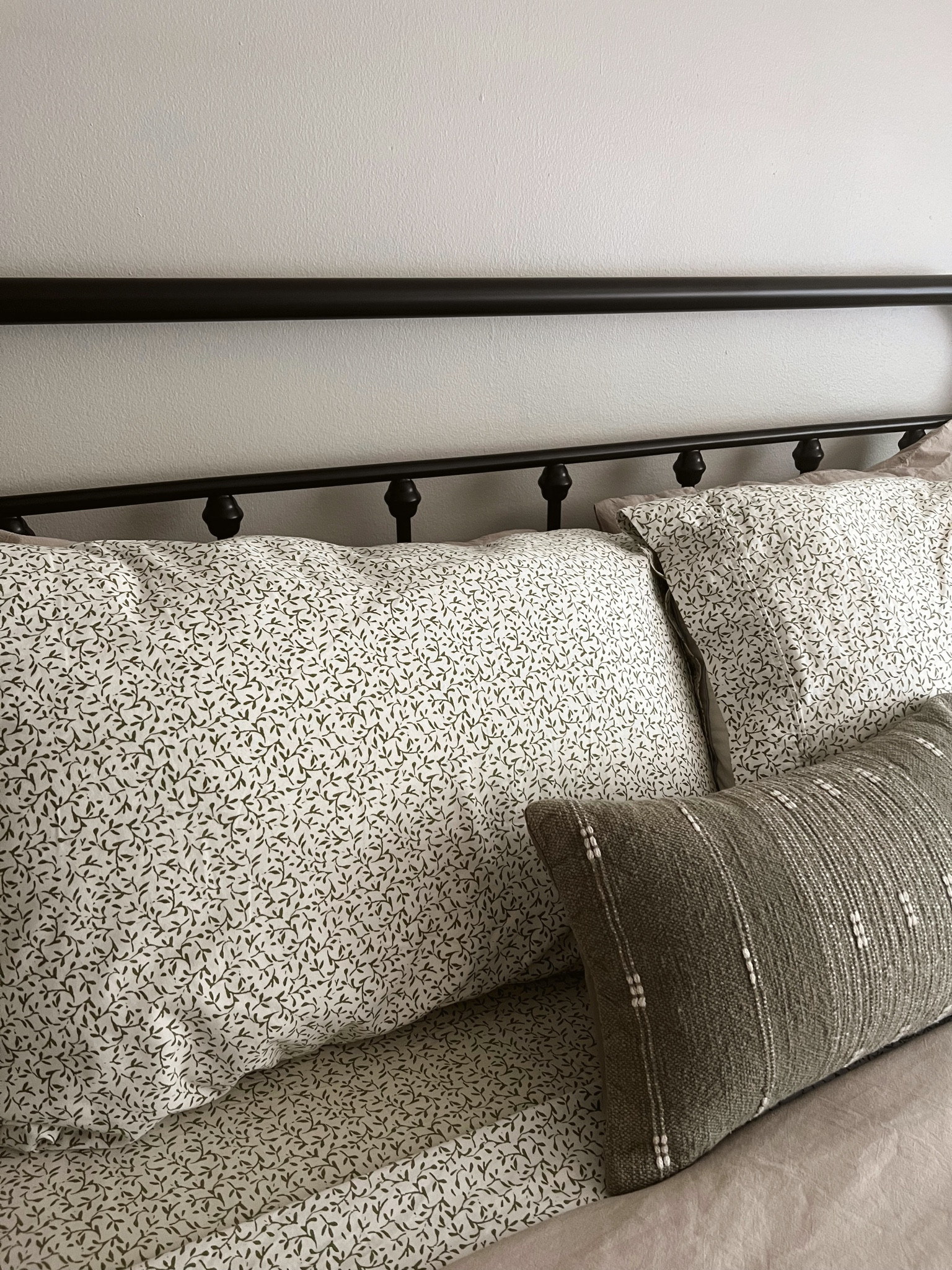 green bedding inspo, queen bed styling, black bed frame, neutral duvet cover, Target sheet set, Studio McGee inspired

#LTKhome