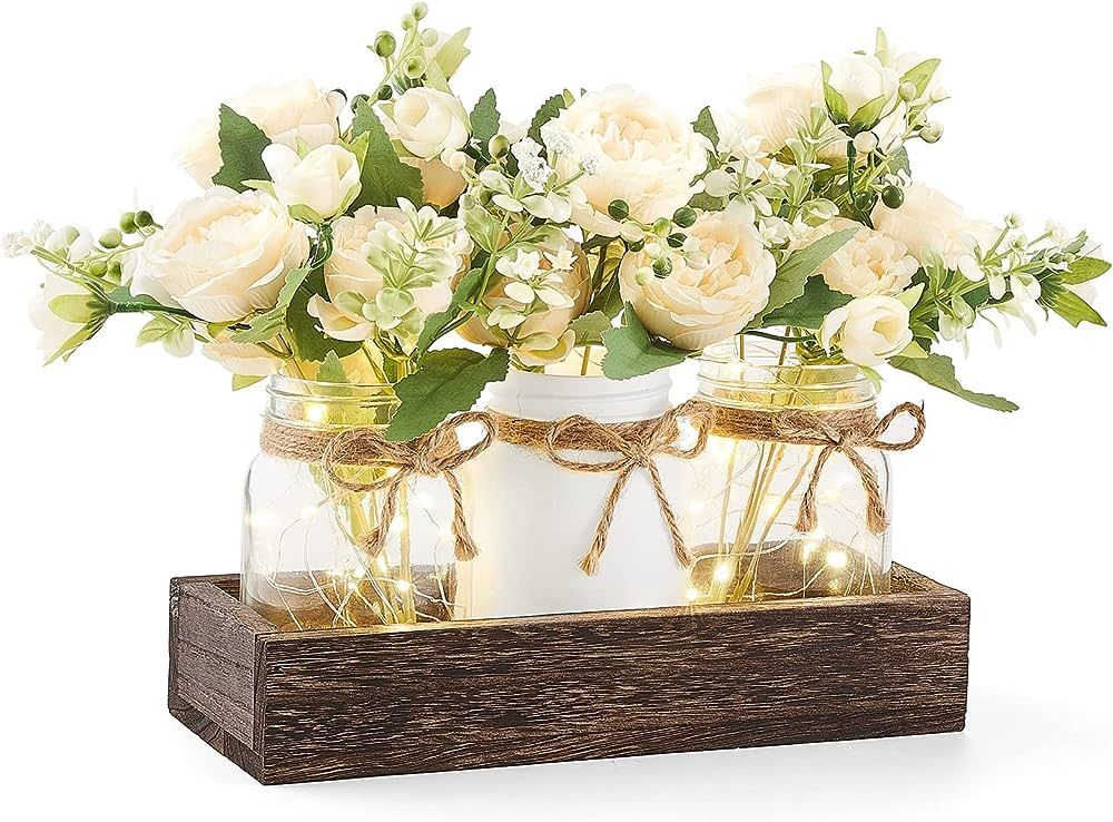 Mkono Mason Jar Lights Table Centerpiece for Farmhouse Coffee Table Wood Tray with 3 Jars Flowers... | Amazon (US)