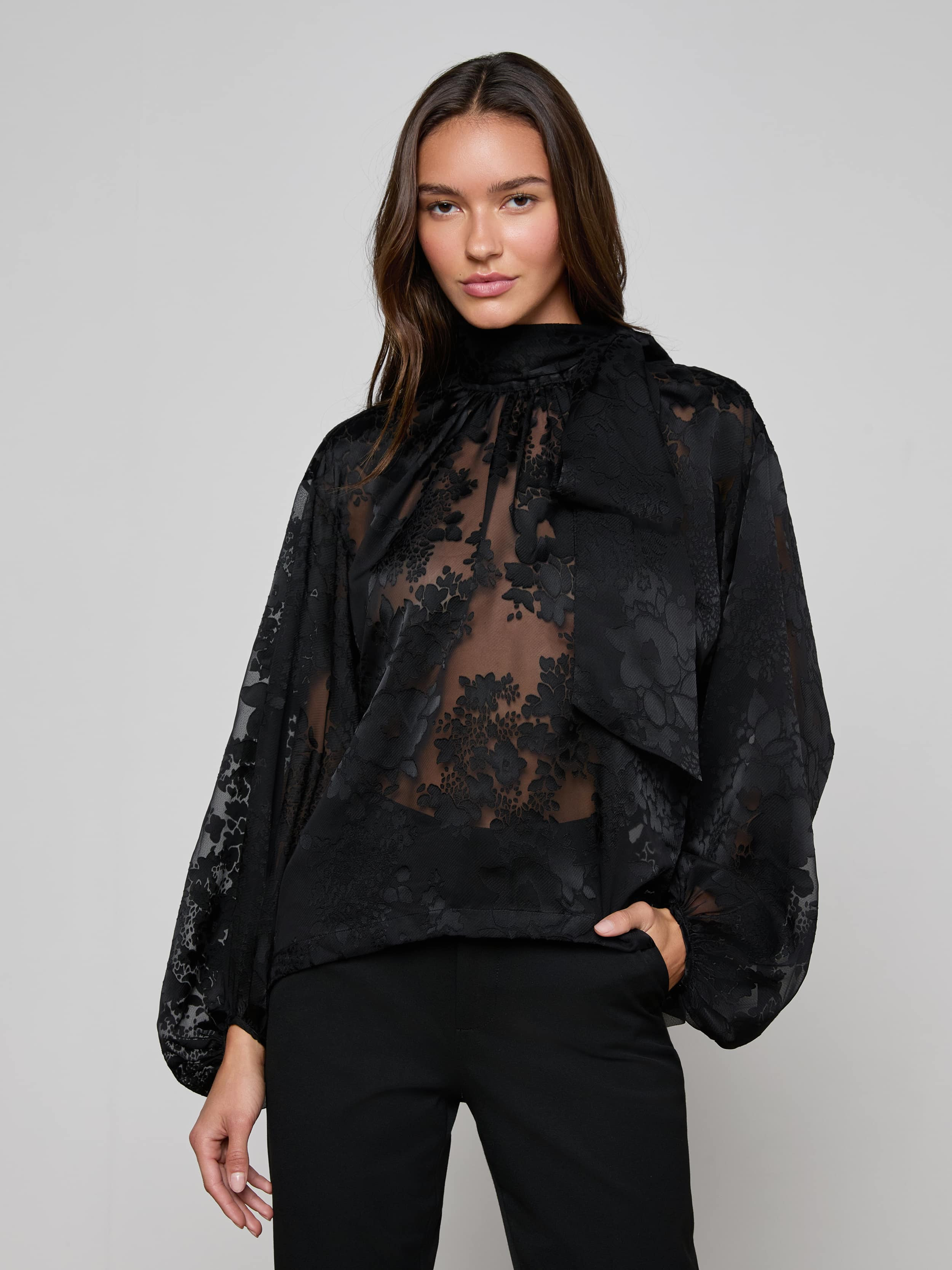 L'AGENCE Rhett Burnout Satin Blouse Top In Black | L'Agence