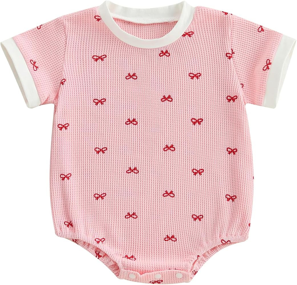 Adobabirl Baby Girl Outfit Newborn Bow Bubble Romper Short Sleeve Waffle Jumpsuit Shirt Infant Cu... | Amazon (US)